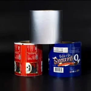 Flexible film roll labels for snack packaging with custom prints.